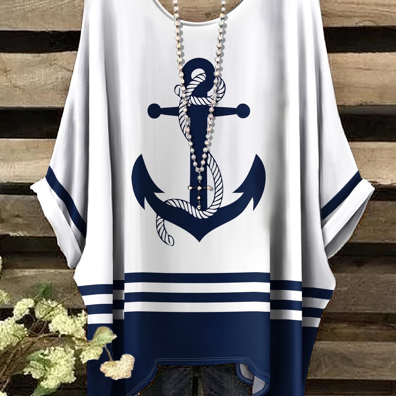 Plus Size - Plus Size Women'S Anchor Print T-Shirt - Casual Elegant Comfortable Crew Neck Short Sleeve Top, Navy Blue & White Striped Pattern, All - Season Slight Stretch Fabric, Casual Wear | Anchor Print Top | Polyester Blend