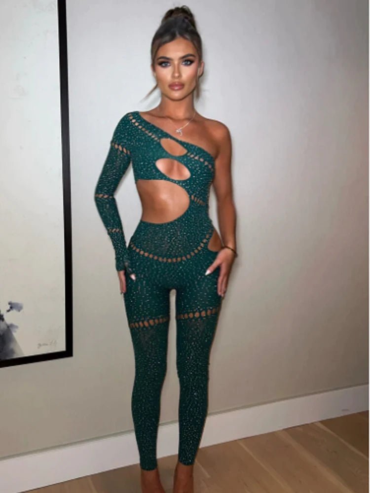 Puss Shine Rhinestones Jumpsuits Women Irregular Hollow Skew Collar Single Sleeve Hottie Sexy Coquettish Clubwear Overalls