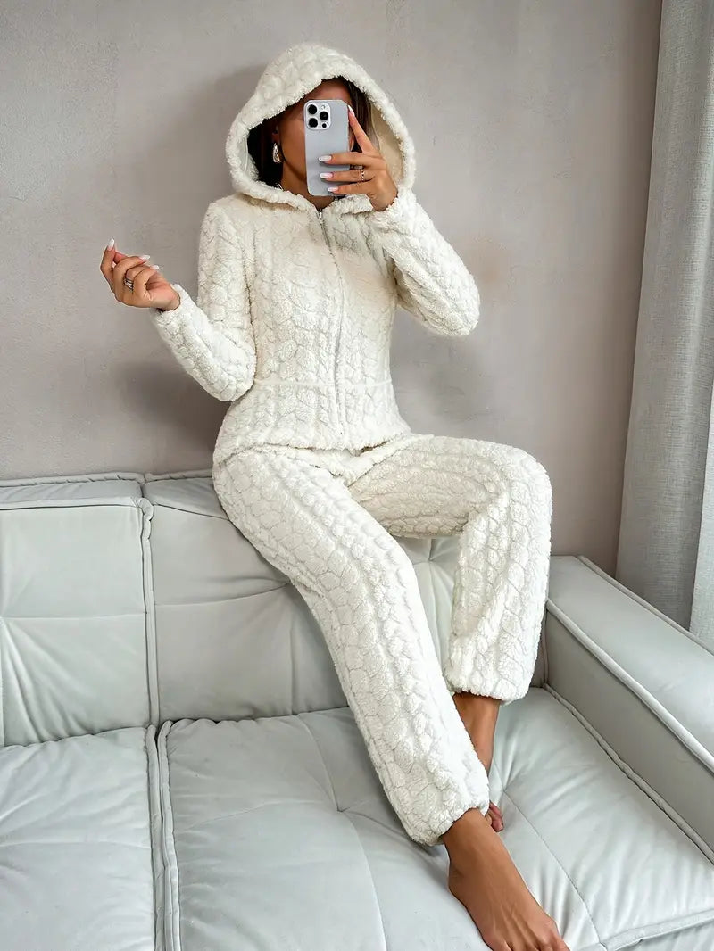 Cozy & Elegant Women's Cream-Colored Fleece Hooded Jumpsuit