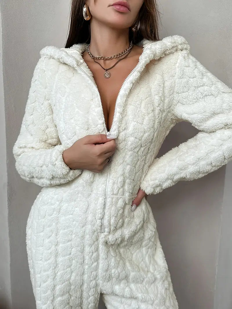 Cozy & Elegant Women's Cream-Colored Fleece Hooded Jumpsuit