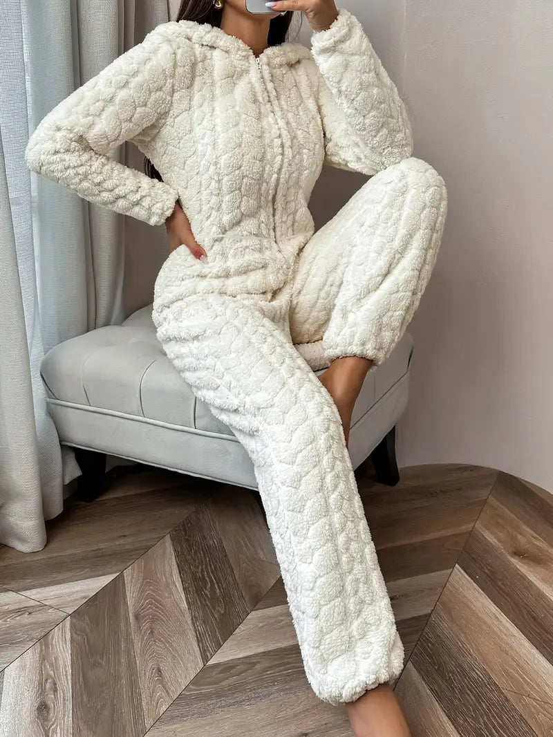 Cozy & Elegant Women's Cream-Colored Fleece Hooded Jumpsuit