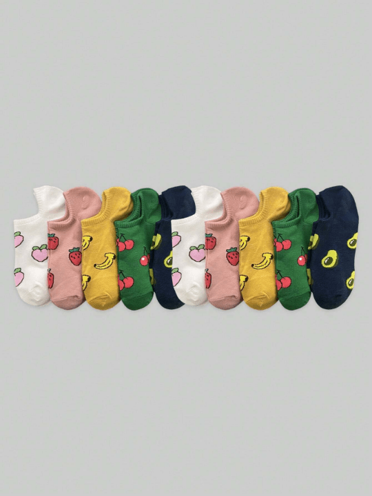 ROMWE Kawaii 10pairs/Set Women's Cartoon Fruit Patterned Colorful No Show Boat Socks For Summer Travel And Casual Occasions - Lolli World Marketplace