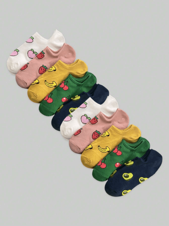 ROMWE Kawaii 10pairs/Set Women's Cartoon Fruit Patterned Colorful No Show Boat Socks For Summer Travel And Casual Occasions - Lolli World Marketplace