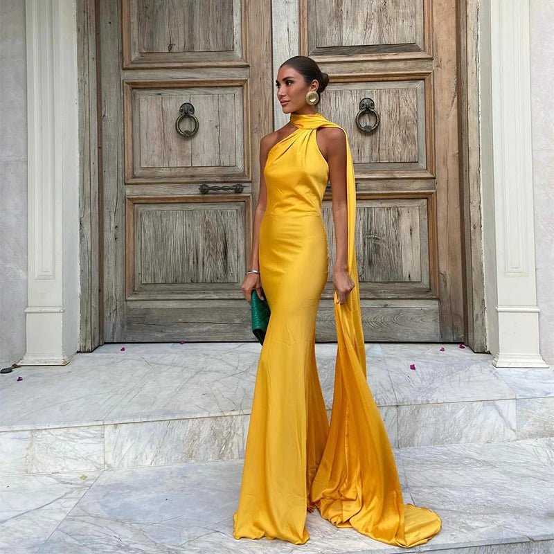 Satin Ribbon Party Dress Women Elegant Halter Backless Off Shoulder Sleeveless Female Dresses 2024 Summer Solid Robe Gown