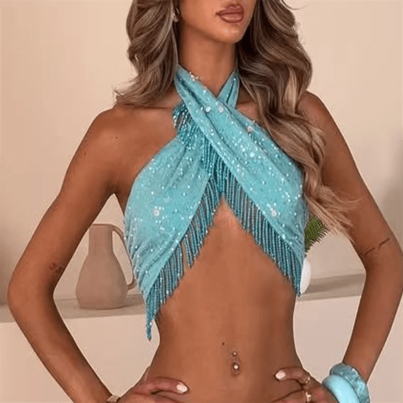 Sequins Irregular Women's Skirt Suits Halter Tassel Backless Sleeveless Crop Top High Waist Skirt Sets Summer Lady Beach Outfits