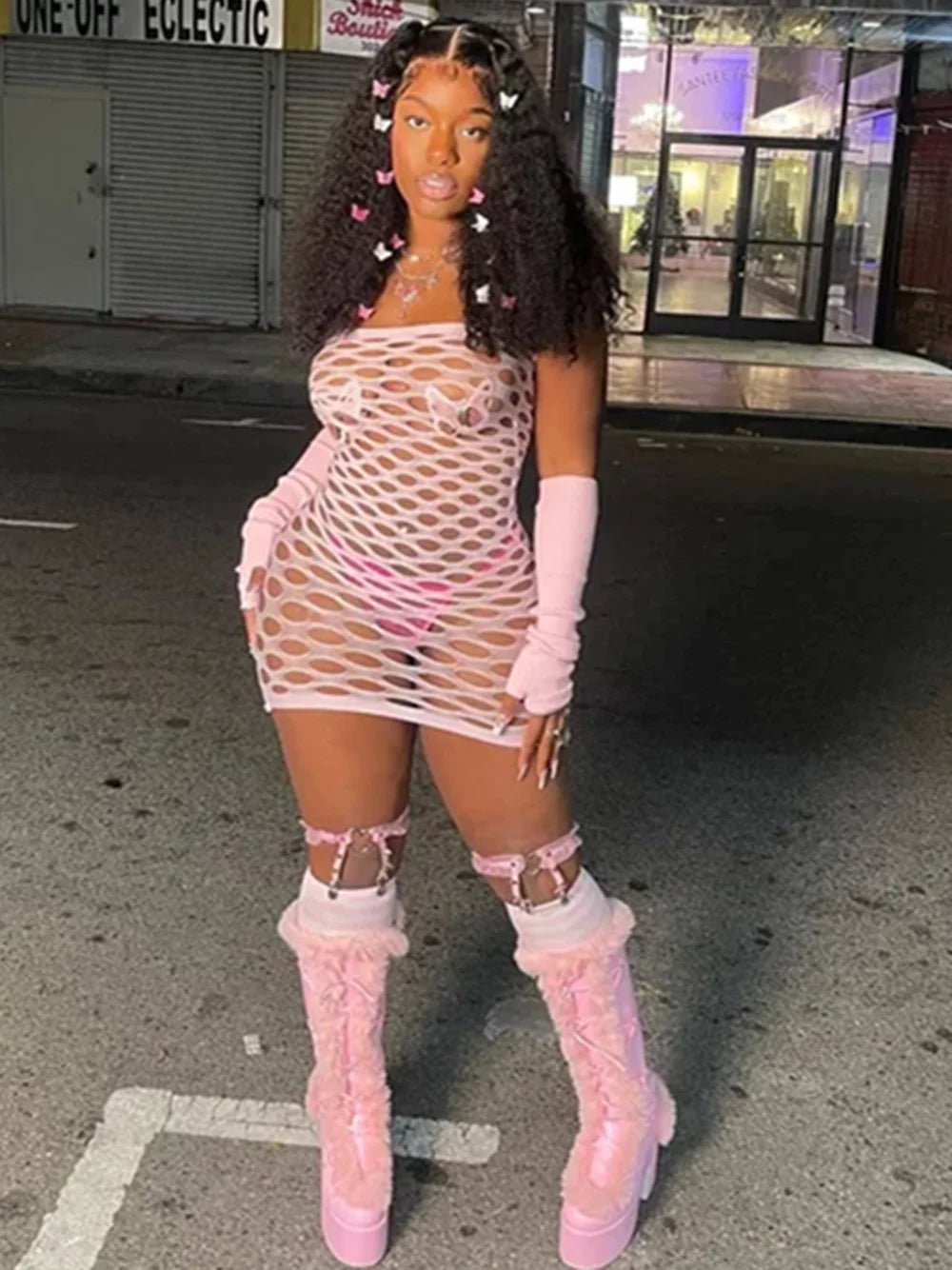 Sexy Fashion Dress Women Black Pink Mesh Elasticity Bandage Mini Dress Hot Vestidos Sexy Hollow Out Night Club Mini Dress