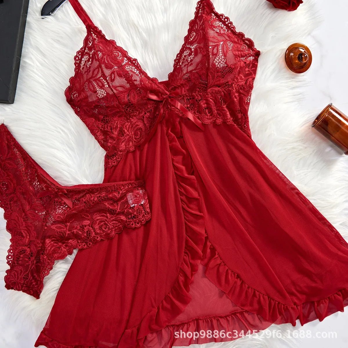 Sexy Lace Lingerie Set Women's Babydoll Nightgown & Panty Romantic Ruffle Trim Adjustable Spaghetti Straps New Fashion Gift Hot