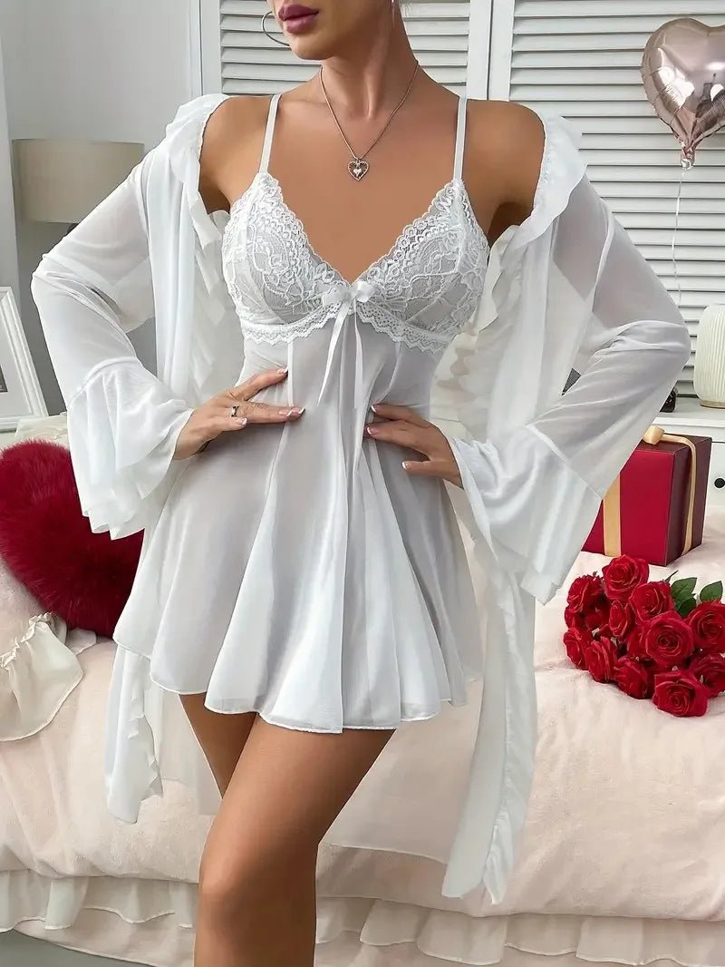 Sexy Lingerie Large - sized 200 - pound Overweight Lady's Sexy Pajama Set with Suspenders Sheer Transparent Nightgown and Lace Trim