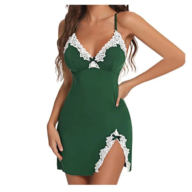Sexy Sleepwear Women Lace Silk Satin V - Neck Nightgown Split Hem Soft Lingerie Night Dress Sleeveless Sleepwear Female Clothes