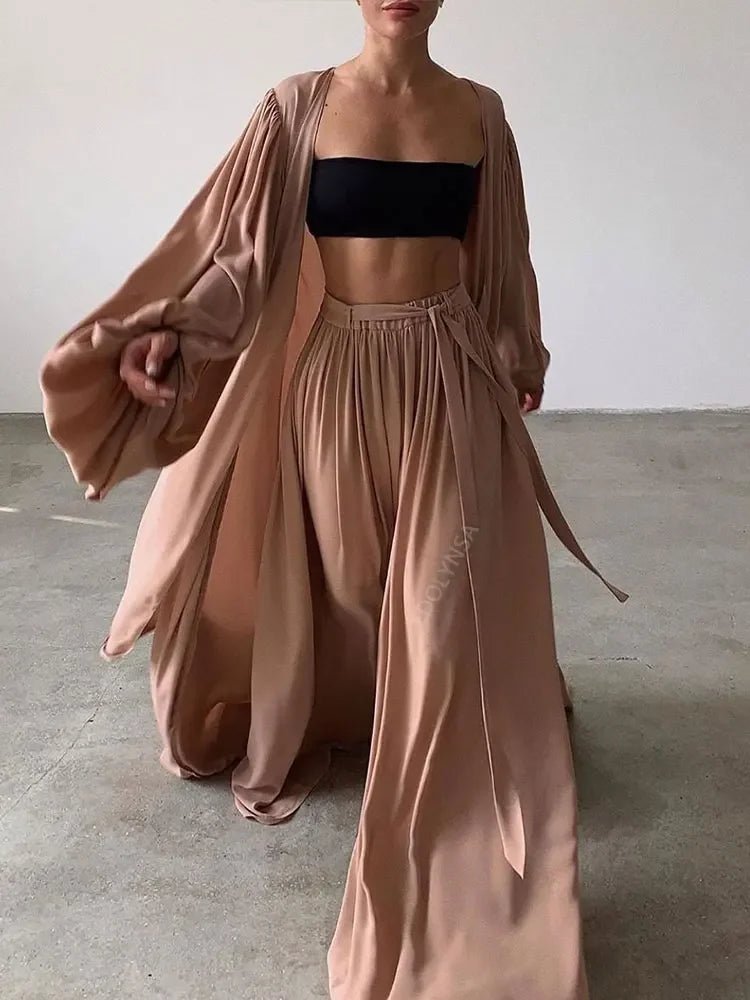 Sexy Solid Color Three - Piece Set 2025 Autumn Women Tube Top Beach Dress Crop Top Trousers Long Sleeve Cardigan 3 Piece Set A1642