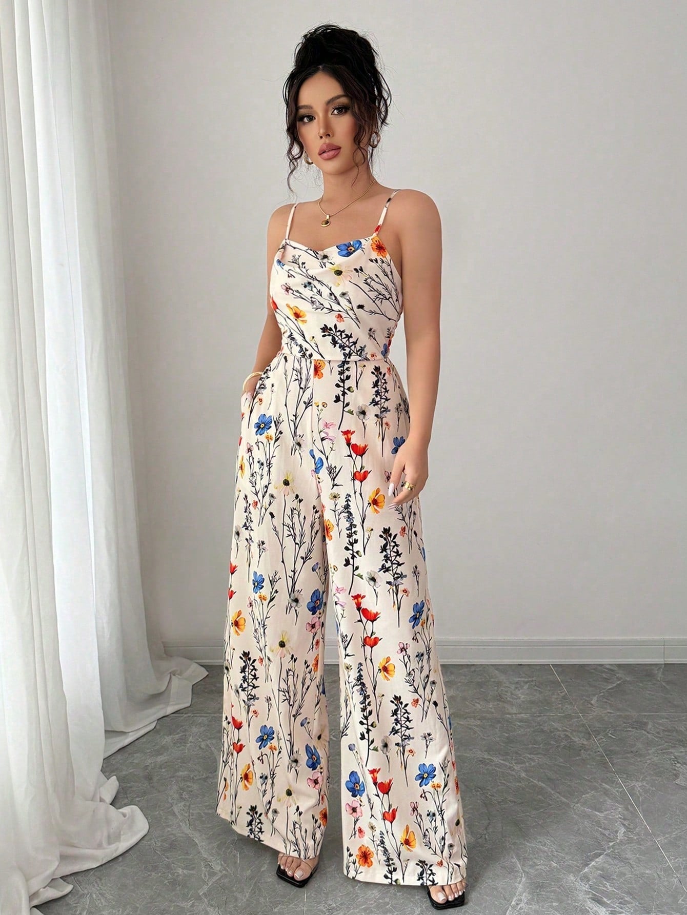 SHEIN PETITE Women's Elegant Floral Print Sleeveless Draped Neck Jumpsuit, Long Wide Leg Design, Spring & Summer