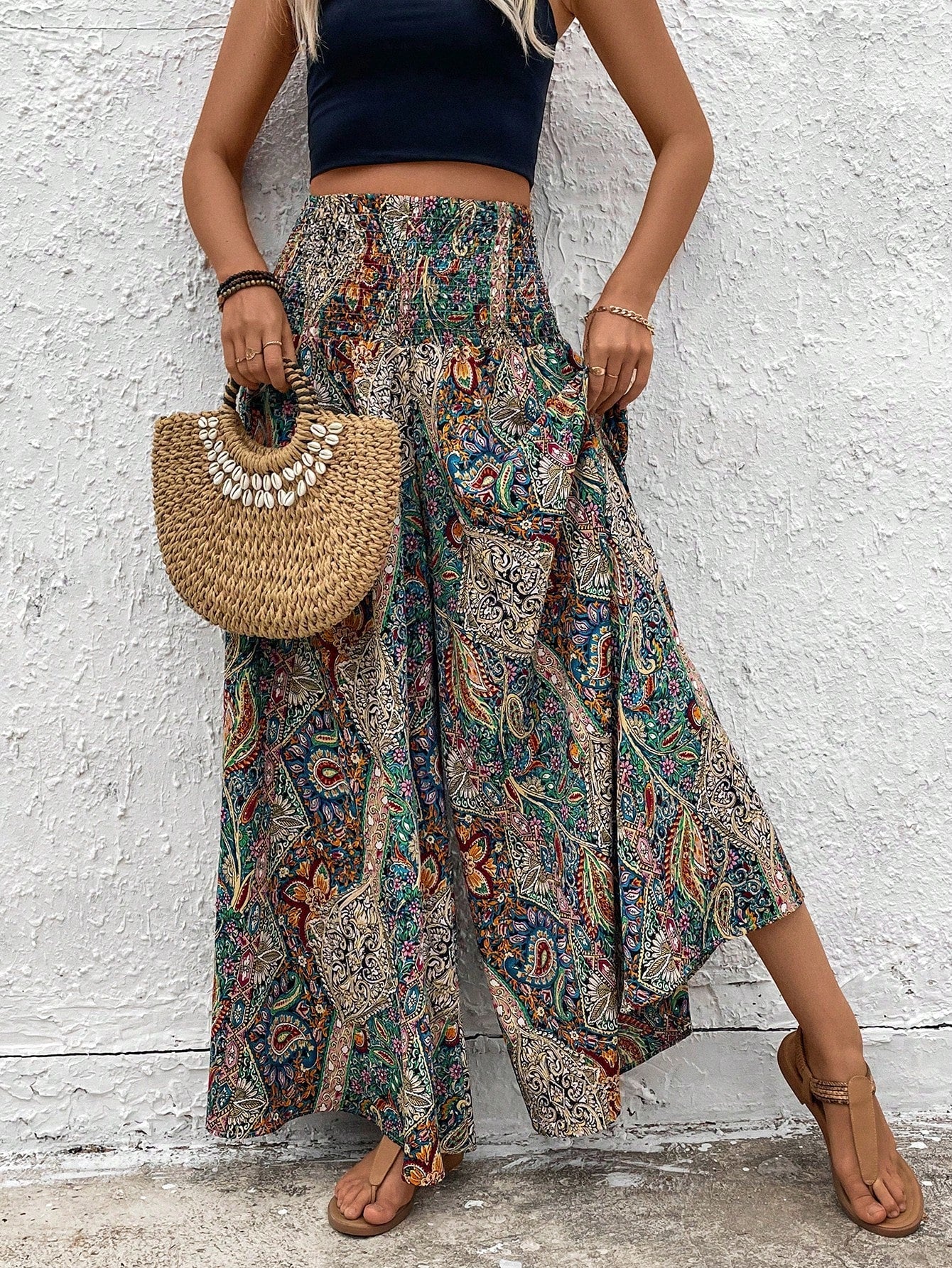 SHEIN PETITE Women's Holiday Cashew Print Loose Wide Leg Trousers