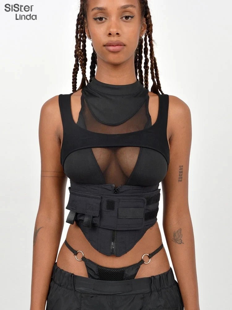 Sisterlinda Spring Mesh Patchwork Sexy Cool Moto Y2K Tank Top Women Skinny Belt Zip Multi - Layer Sporty Locomotive Trend Vest2022