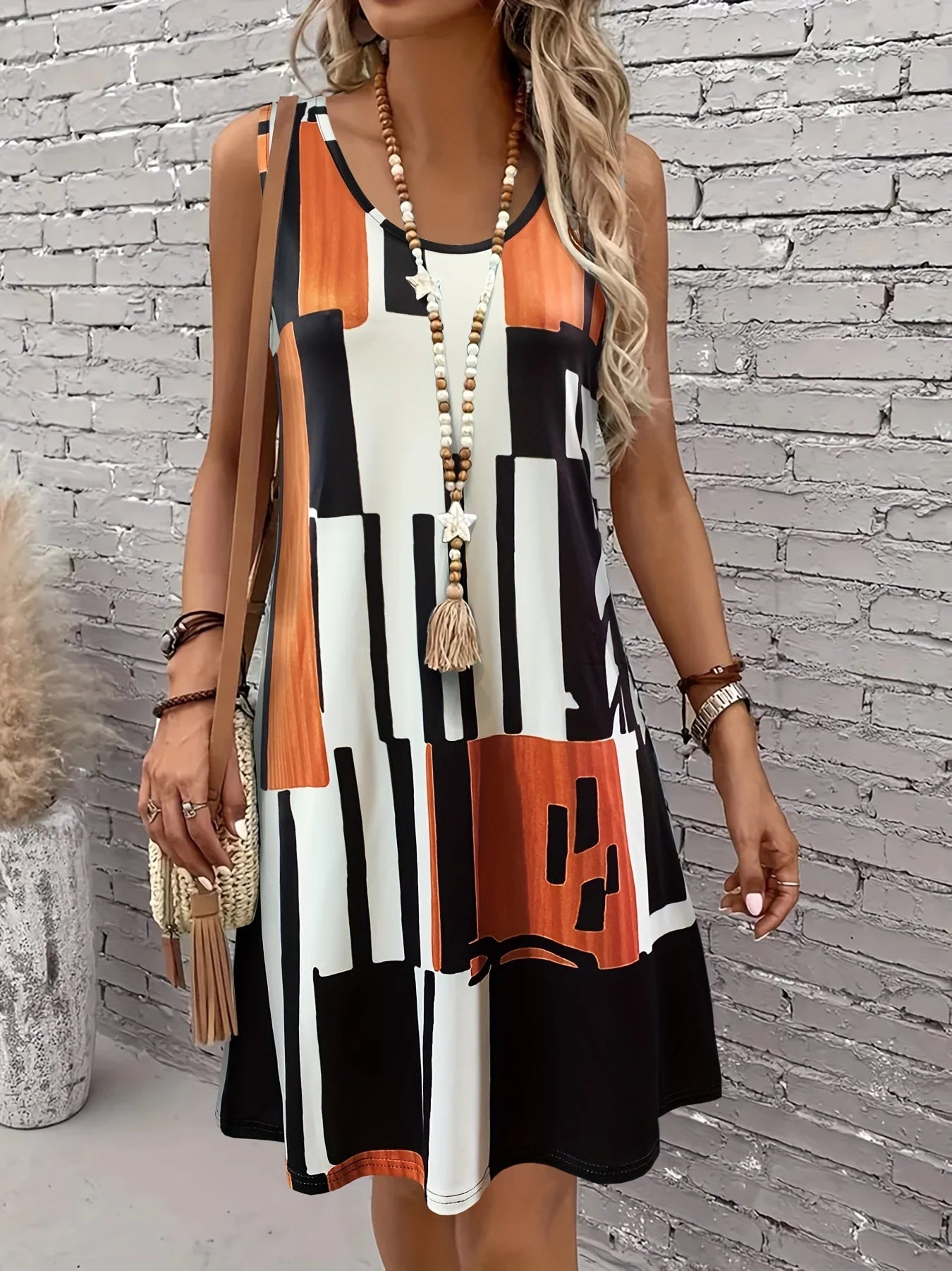 Spring&Summer Women's Geometric Pattern Sleeveless Dress For Summer Vacation,dresses for women summer,Women Bohemia Midi Dresses