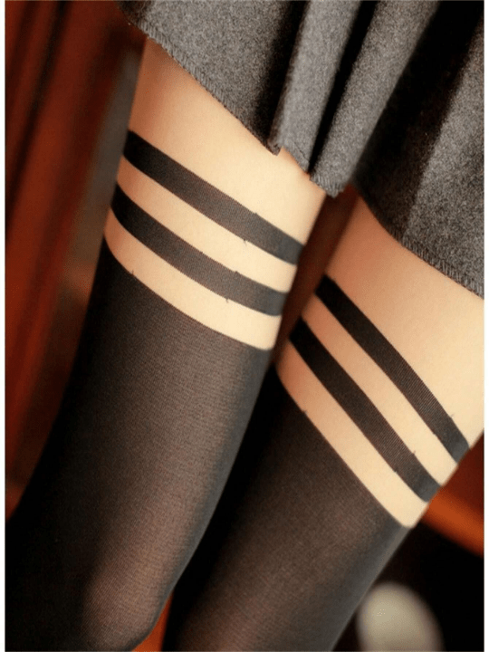 Student Style Women's Trendy Over - The - Knee Tights, Mock Thigh High Stockings, Velvet Stripe & Faux Thigh Design, Slimming Effect, Japanese Style, Black - Lolli World Marketplace