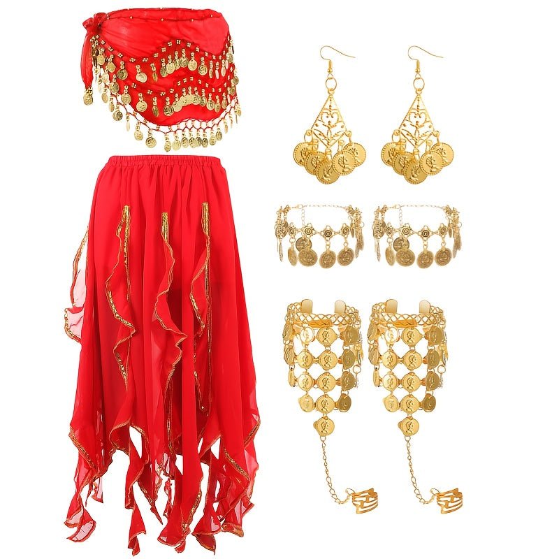 The New Women'S 8pcs Belly Dance Set Includes 1 Skirt, 1 Scarf, 2 Wrists, 2 Earrings, And 2 Ankles Suitable for Most Occasions Such As Stage Performances, Dances, Weddings, Festivals, Themed Parties, Etc