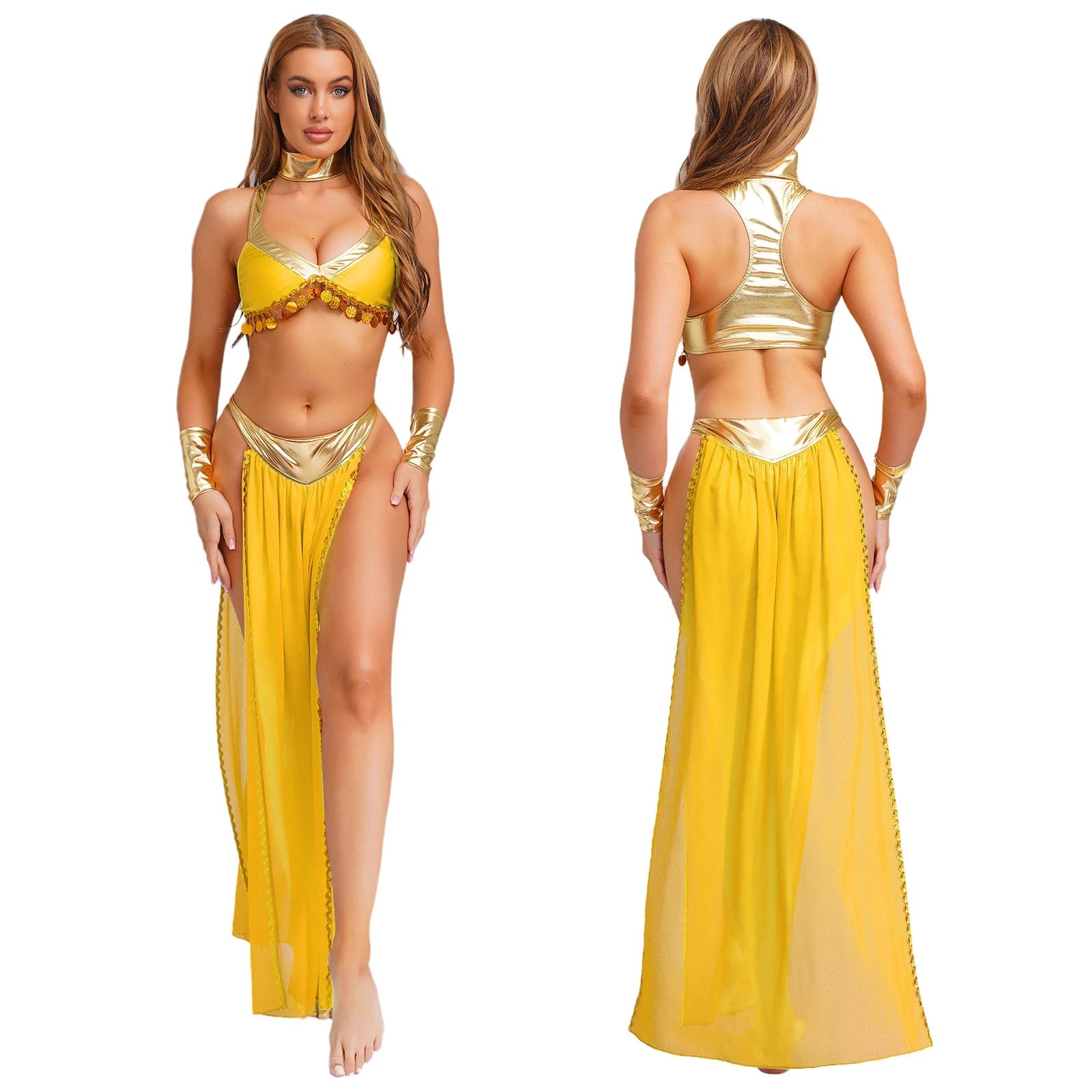 Women Ancient Egyptian Queen Cosplay Outfits with Collar Crop Tops with Chiffon Skirt Metallic Shiny Indian Belly Dance Costumes