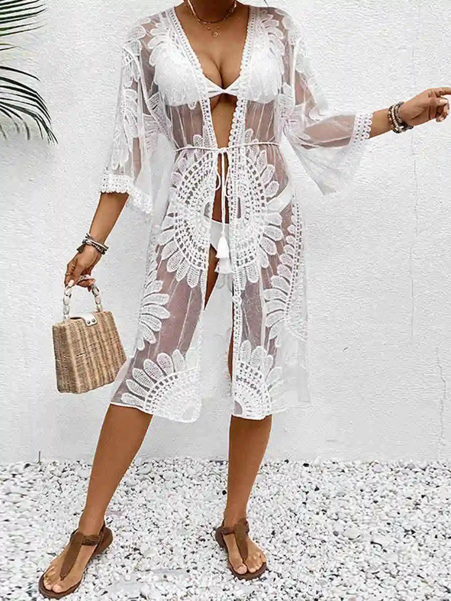 Women Beach Cover up Floral Embroidery See - Through Lace Beach Kimono Beach Dress For women