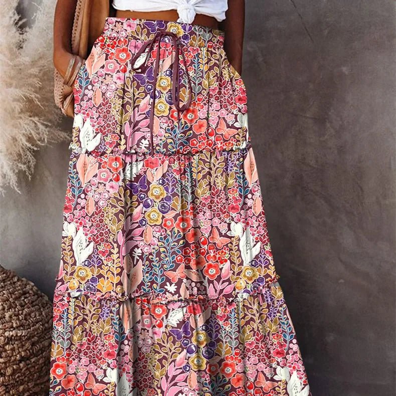 Women Bohemian Print Long Skirts Elastic High Waist Loose Tiered A - line Skirts with Pockets Summer Fall Sexy Holiday Streetwear