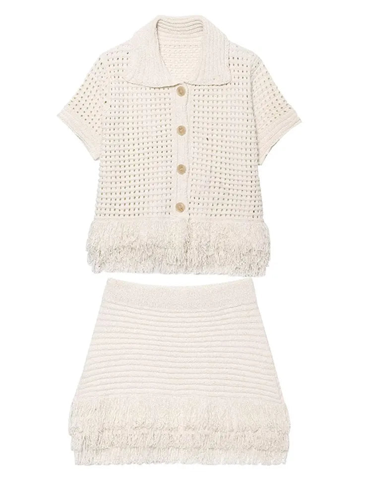 Women Crochet Hollow Out Top Shorts Set Fashion Round Neck Cardigan Crop Tops 2 Piece Sets Summer Lady Y2k Beach Party Outfit