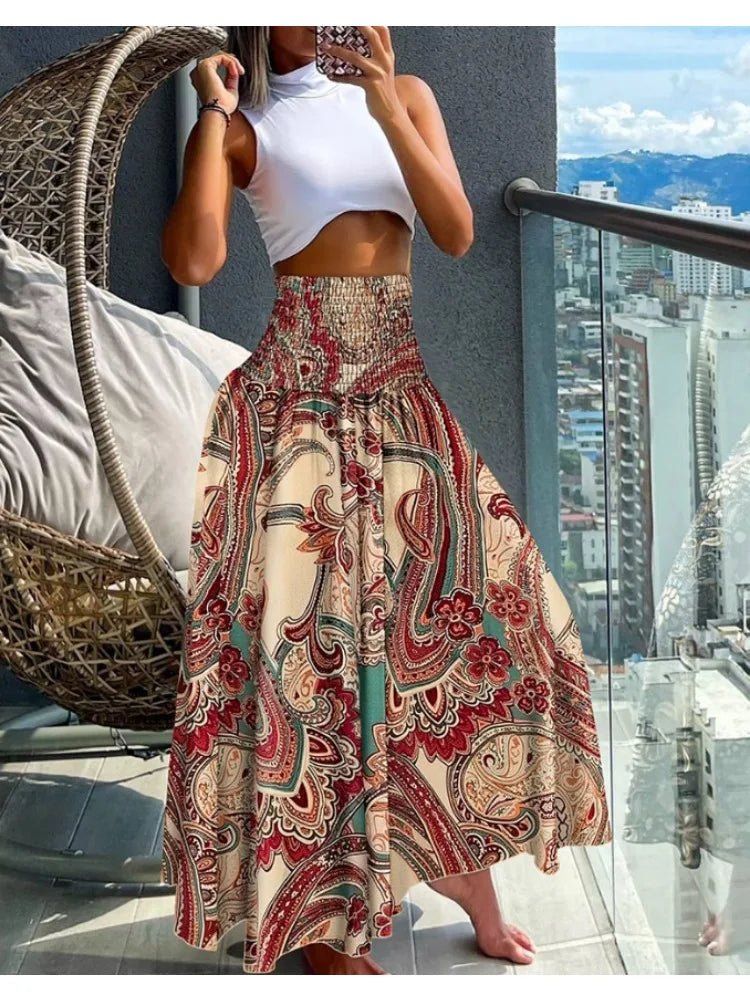 Women Fashion Floral Print Folds Bohemian Elastic High Waist Skirt Ladies Knee - Length Long Skirts For Women