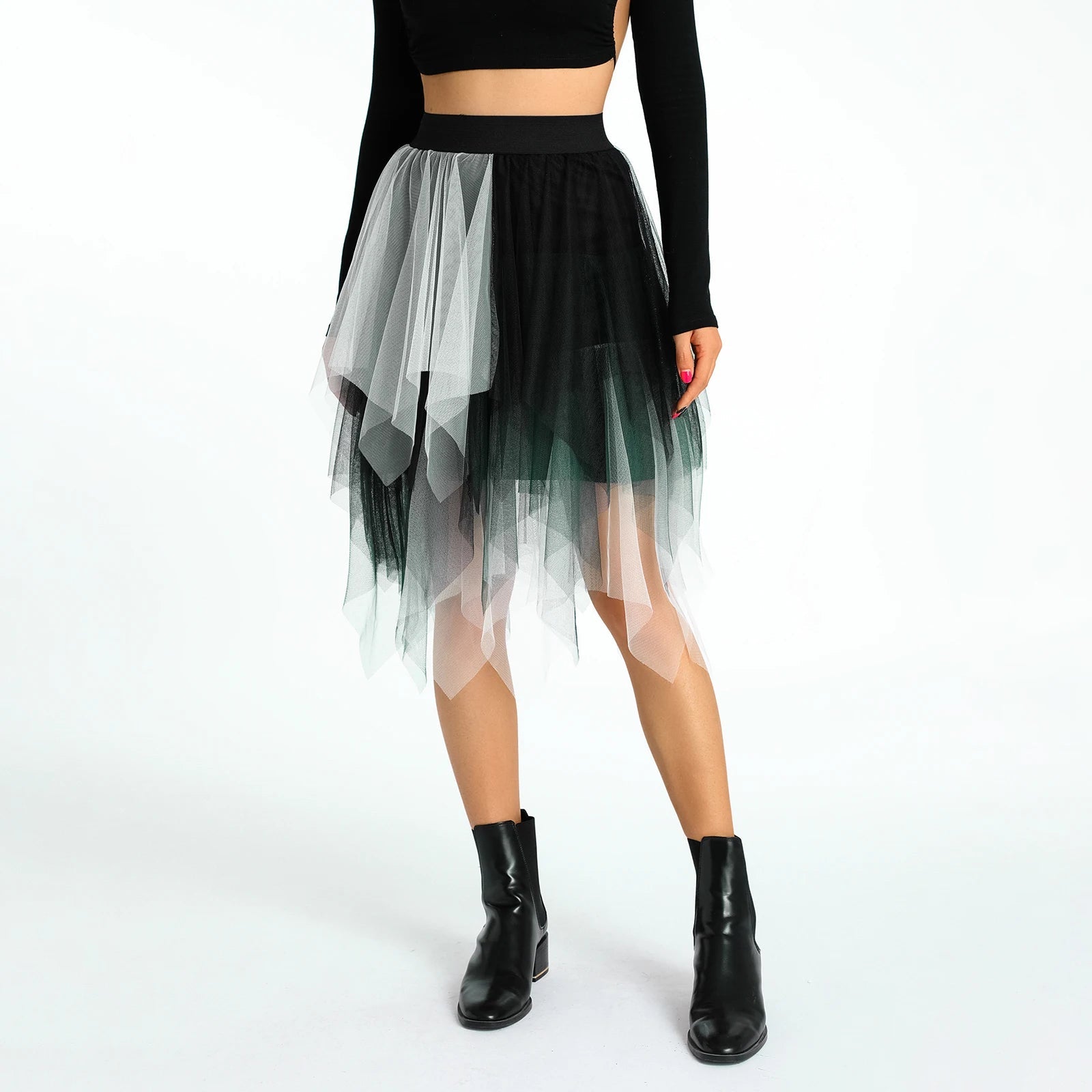 Women Layered Tulle Irregular Midi Skirts Retro Fairycore Aesthetic Y2K Skirt High Waist Pleated Skirts Bohemian Streetwear