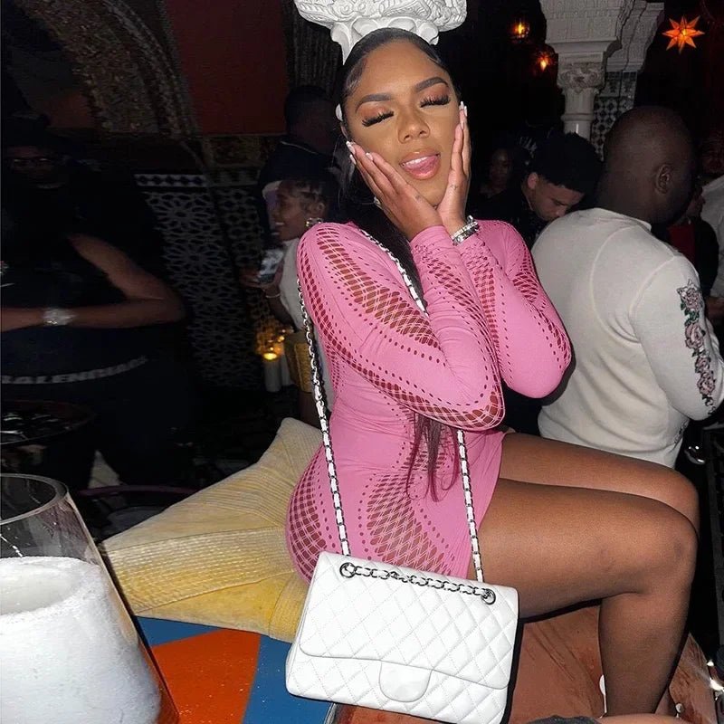 Women Sexy Hollow Out Mini Dress Mesh Long Sleeve Seamless Party Clubwear Bodycon Cutout Mini Dress