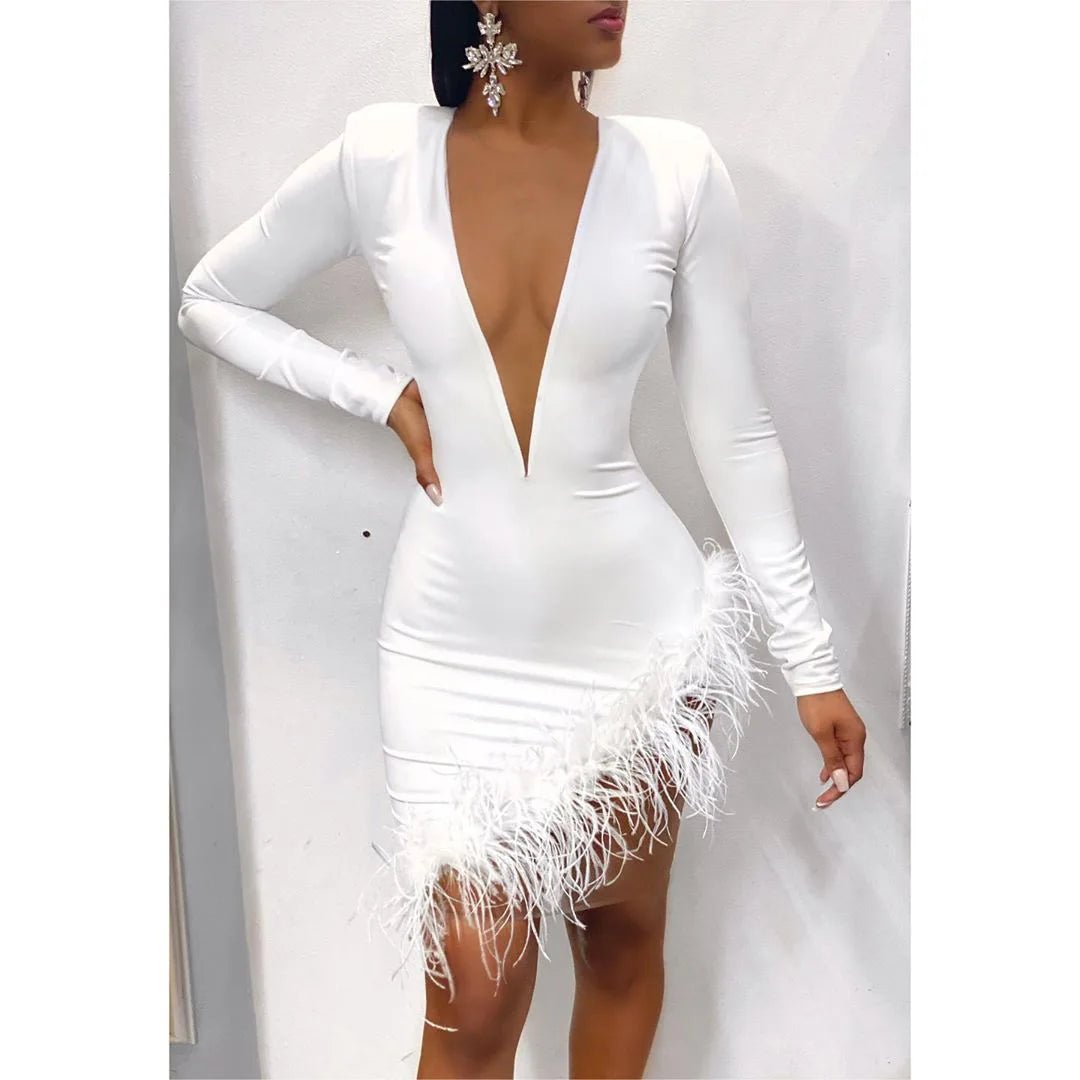 Women Winter Mini Dress 2025 O - Neck Mesh Feather Patchwork Sexy Night Club Party Bandage Street Bodycon Dresses