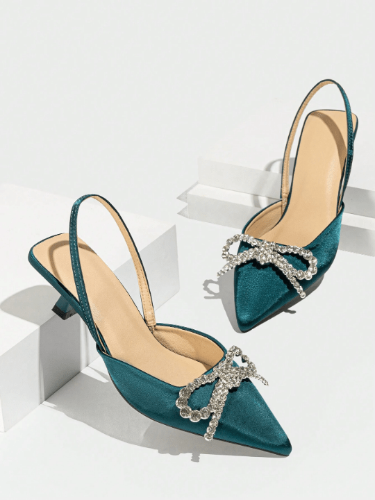 Women's Butterfly Knot Rhinestone Decorated High - Heeled Shoes, Solid Colored Satin Pointed Toe Closed Backless Pumps, Suitable For Evening Party Wedding And Other Formal Events, Spring And Summer Style, Blue - Lolli World Marketplace