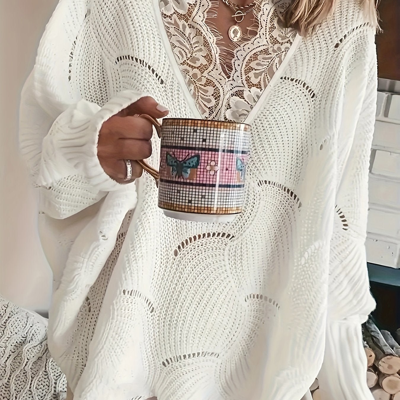 Women's Casual V - Neck Pullover Sweater - Smooth Acrylic Knit, Solid Color, Spring/Summer/Fall Essentials | Semi - Sheer Design | Contrast Lace Detail