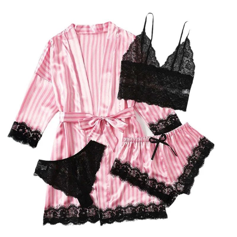 Women's Fashion Pajama Print Sexy Lace Trim Faux Silk Satin Pajama Set Gown Skin Friendly Comfort Loungewear Sexy Pajamas