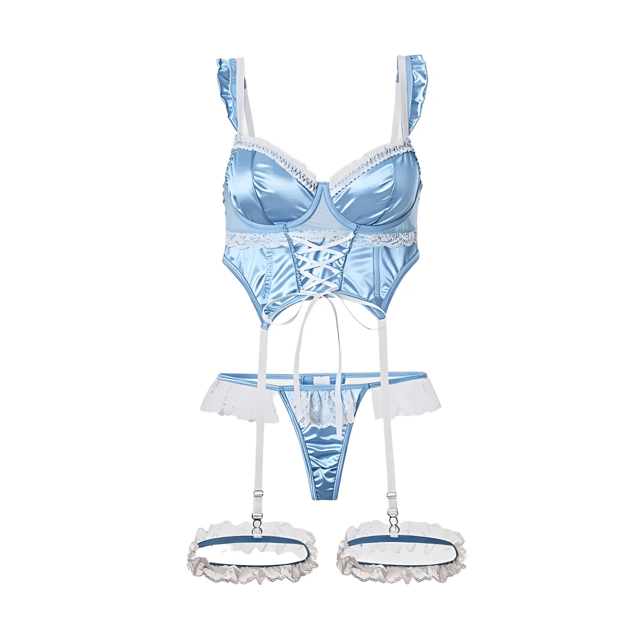 Women's Lingerie Set Sweetheart Satin Jacquard Lace Patchwork Tie - Up Ruffle Trim Underwire Lingerie Set For Women