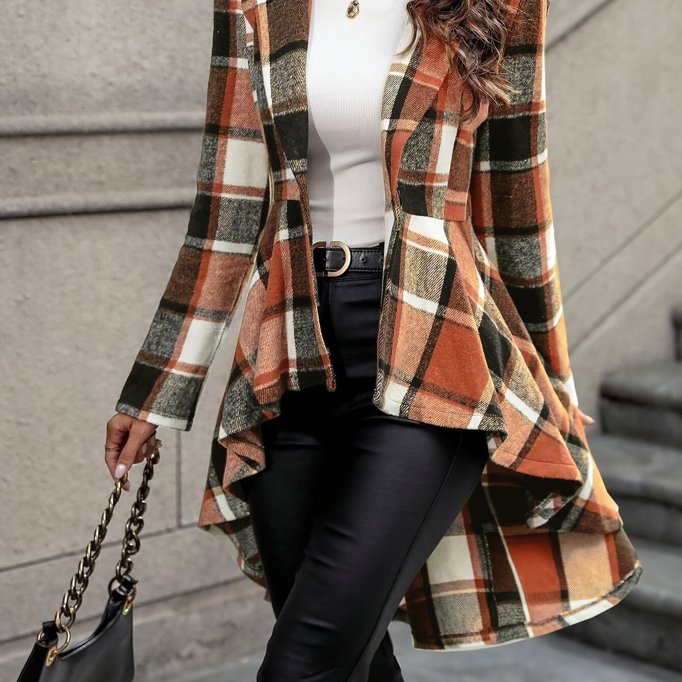Women's Plaid Button Front Long Sleeve High - Low Flare Jacket for Fall & Winter