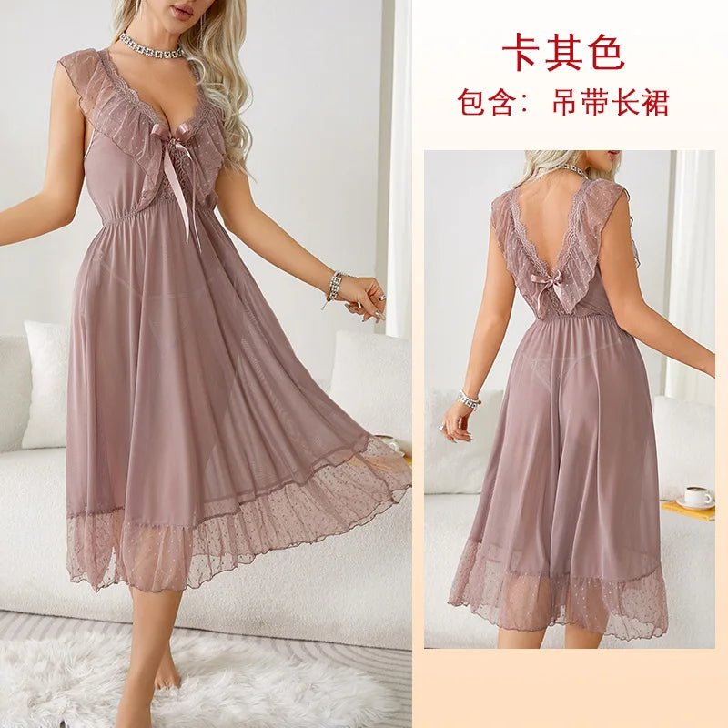 Women's Sexy Lingerie Nightgown Semi Sheer Babydoll Sleepwear Dress With Polka Dots Bow Knot Decor Summer Mesh V - Neck Loungewear