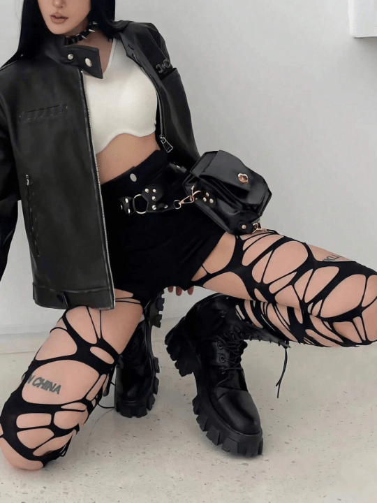 Women's Sexy Subculture Black Torn Fishnet Stockings Y2k Style Hand Ripped Netted Tights, No Socks Included - Lolli World Marketplace