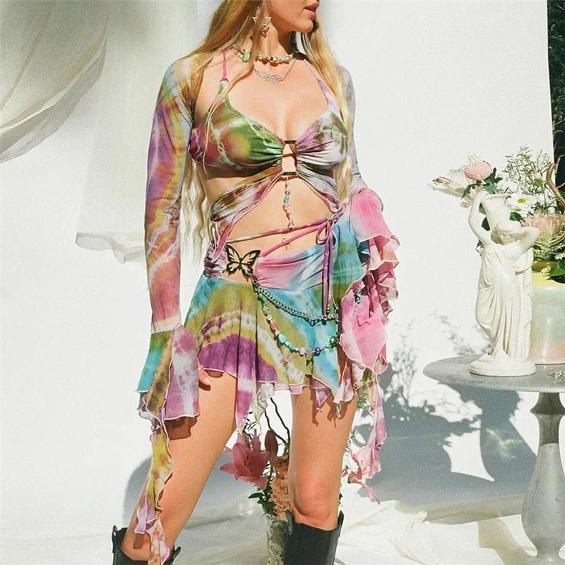 y2k Aesthetic Butterfly Print 3 Pcs Skirts Set Long Flare Sleeve Shawl Halter Lace Up Sexy Top Pleated Skirt Summer Beach Outfit