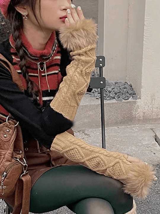 Y2k Fashion Plush Knitted Half Finger Gloves - Lolli World Marketplace