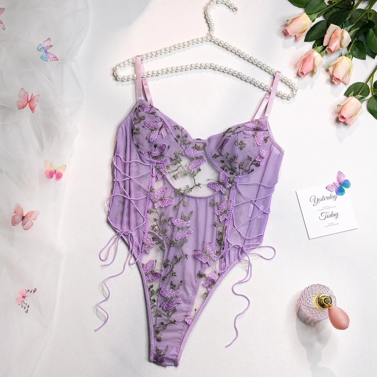 Yimunancy Boho Butterfly Embroidery Mesh Bodysuit Women Transparent Lace Up Sexy Bodysuit Body Femme