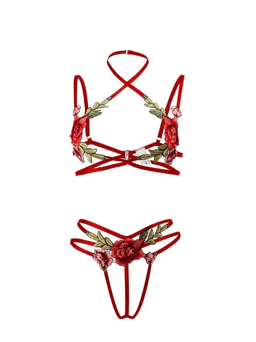 花卉刺绣内衣套装,空心挂脖文胸和双丝带丁字裤,女式性感内衣和内衣