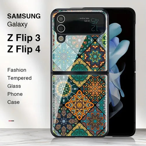 三星 Galaxy Z Flip 4 Flip3 5G 时尚创意民族图案手机壳高品质玻璃硬保护套防震外壳