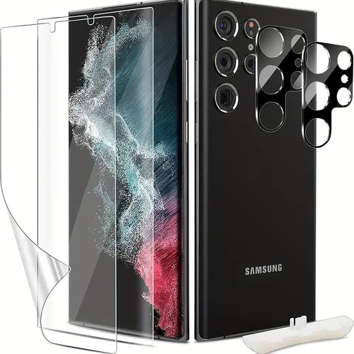 عبوتان من واقي الشاشة لهاتف Samsung Galaxy S22 Ultra، مع عبوتين من واقي عدسة الكاميرا، طبقة TPU ناعمة، تغطية كاملة، تدعم معرف بصمة الإصبع، 6.8 بوصة