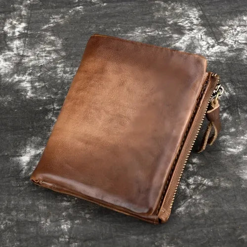 Men's Vintage Genuine Leather Short Wallet, Zipper Coin Pocket, Card Holder