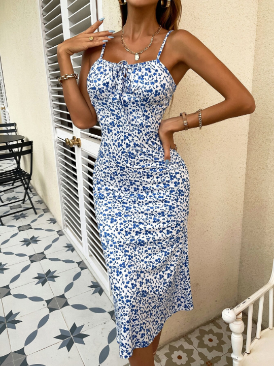 Priv Spring Break Ditsy Floral Drawstring Cami Dress