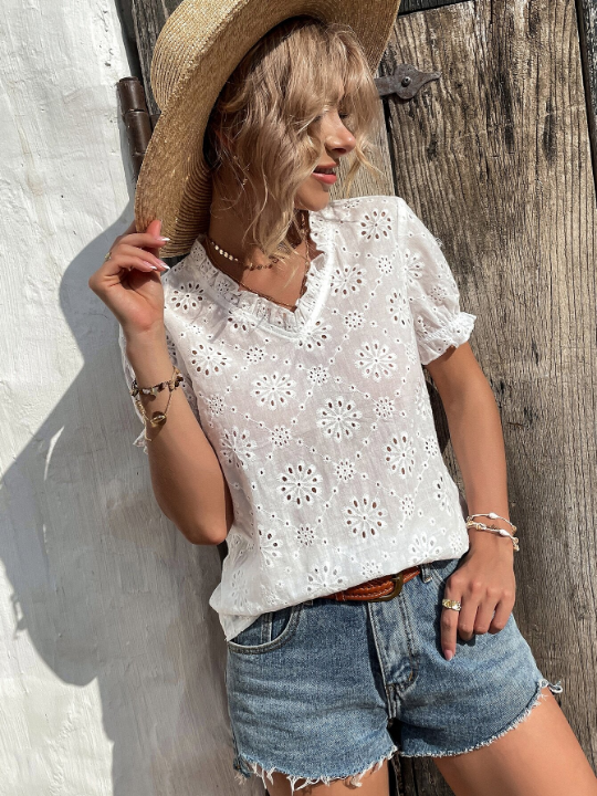 VCAY Solid Frill Trim Schiffy Blouse