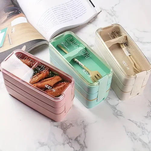 1 Set Bento Box Set, 3-in-1 Compartment Container, Adult Lunch Box With Dividers, Utensils, Microwave And Dishwasher Safe, Suitable For Lunches, Snacks, School And Travel
