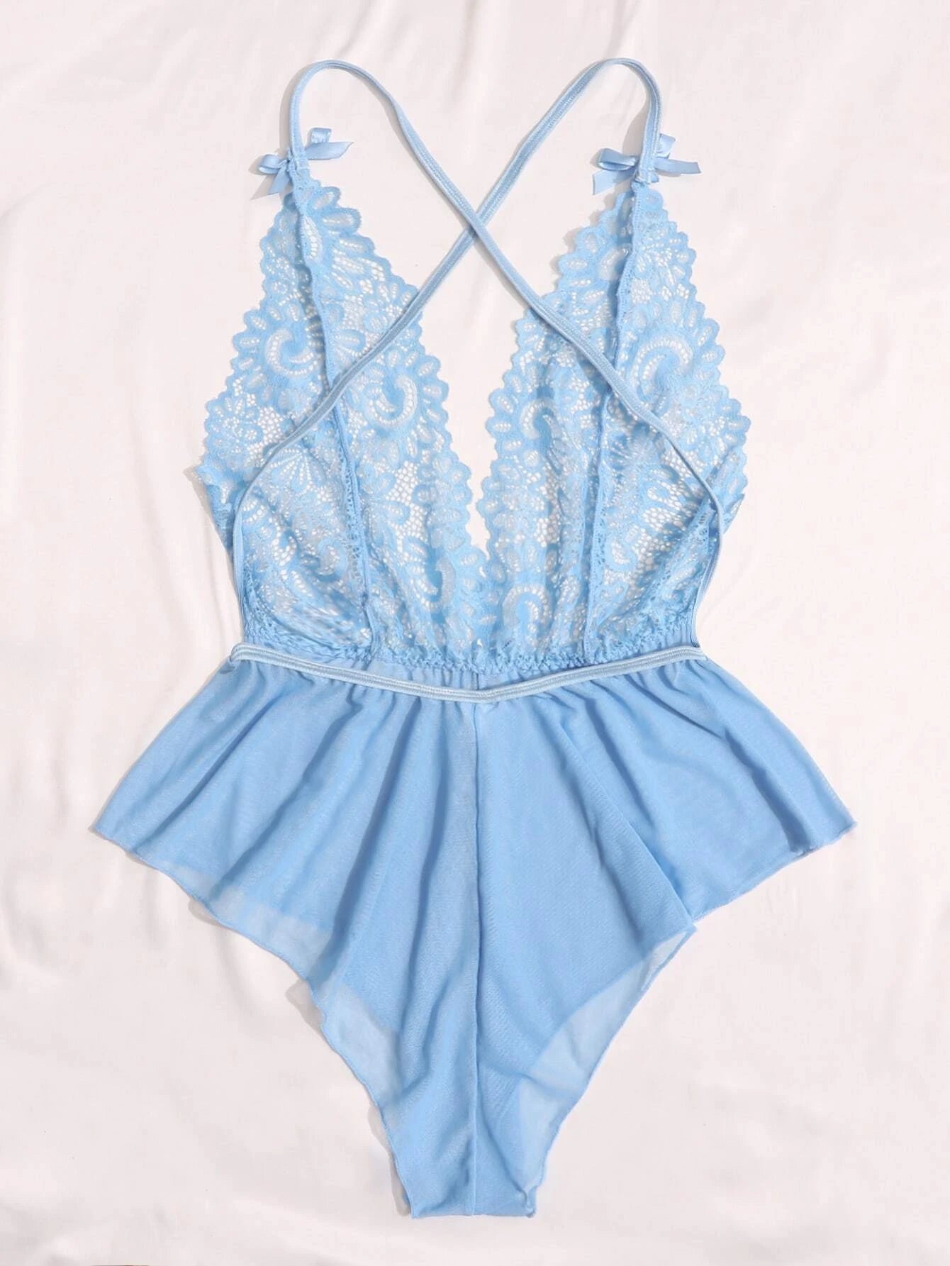 Contrast Lace Sheer Mesh Backless Cross Teddy Bodysuit