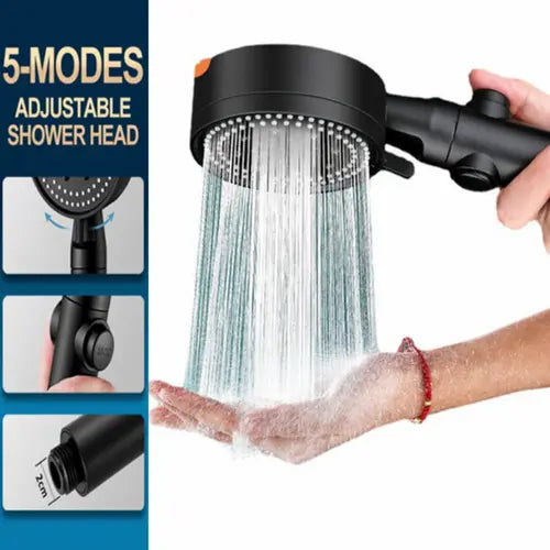 1pc Water Saving Black Shower Head, 5 Mode Adjustable High Pressure Shower Head, Bathroom Accessories