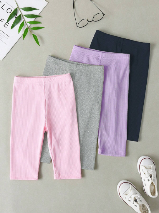 SHEIN Young Girl 4pcs Rib-Knit Biker Shorts