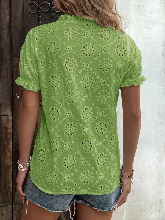 VCAY Eyelet Embroidery Puff Sleeve Blouse