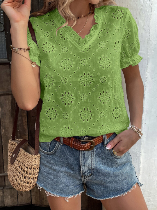 VCAY Eyelet Embroidery Puff Sleeve Blouse